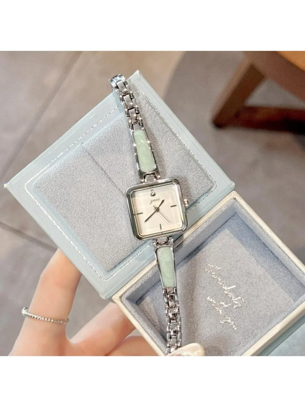 Women's Silver Blue Small Minimalist Square Bracelet Classic Quartz Wrist Watch